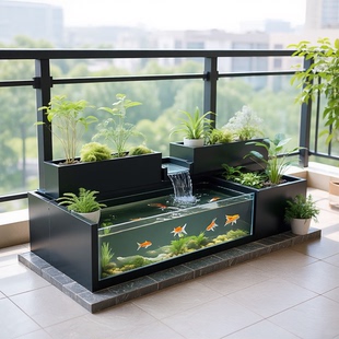 不锈钢鱼缸花箱组合户外庭院花园造景阳台种植流水式花箱花架定制
