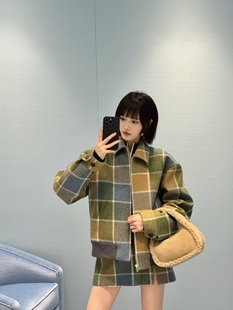 纹撞色拉链羊毛外套半裙套装 学院风格 赵今麦同款 2025秋冬新款