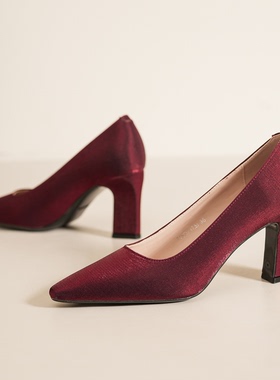 7188D绸缎气质优雅5厘米不累脚绸缎高跟鞋女粗跟法式通勤百搭浅口