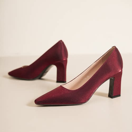 7188D绸缎气质优雅5厘米不累脚绸缎高跟鞋女粗跟法式通勤百搭浅口