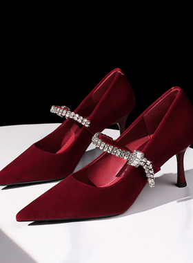 6636-A1法式尖头浅口单鞋水钻一字带绒面通勤鞋宴会细跟高跟鞋女