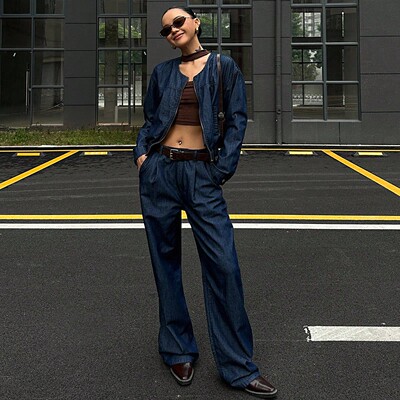 SHEIN正品秋季女装圆领上衣阔腿裤女士牛仔套装
