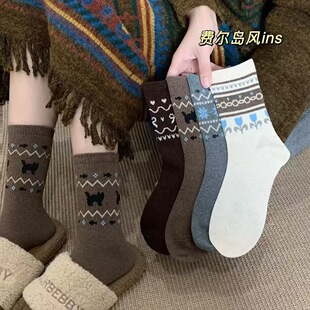 费尔岛复古小狗袜子女秋冬袜圣诞袜蝴蝶结卡通日系可爱中筒小猫袜