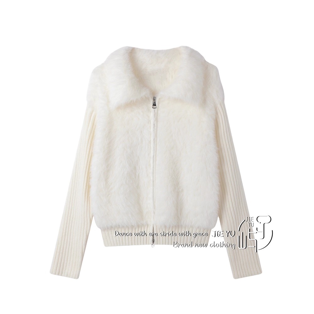孑屿JIEYU 慵懒风短款水貂绒毛衣外套女拼接上衣TTQ