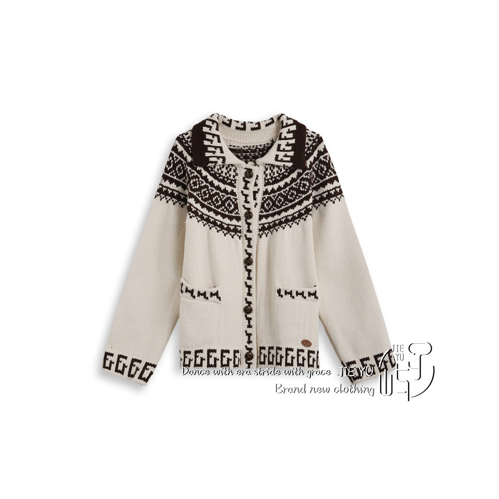 孑屿JIEYU 撞色民族风毛衣开衫2025秋冬新款复古