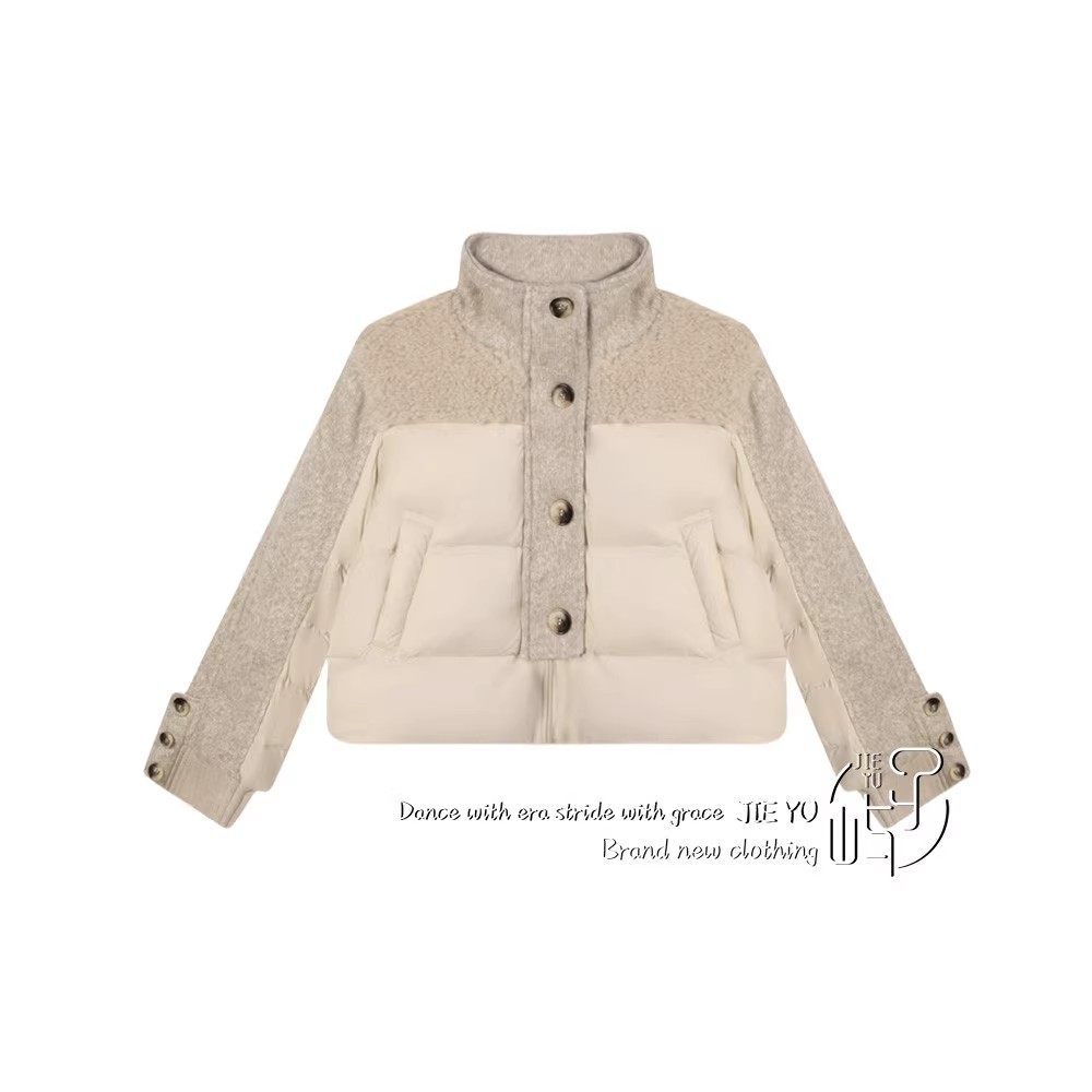 孑屿JIEYU 拼接羊羔毛针织羽绒服女立领加厚保暖外套