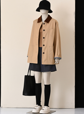 鸥柏琳自制 卡其色高密斜纹水洗全棉中长款夹克外套风衣巴恩风
