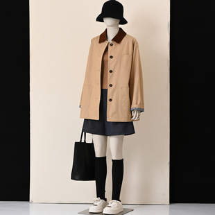 鸥柏琳自制 卡其色高密斜纹水洗全棉中长款夹克外套风衣巴恩风