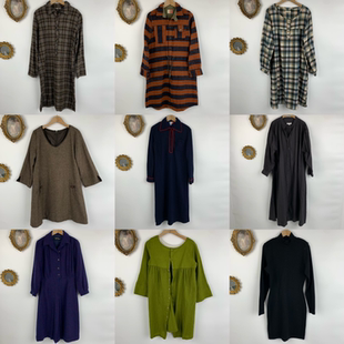 vintage古着日制羊毛连衣裙女士长款收腰长袖秋冬格纹绣花长裙463