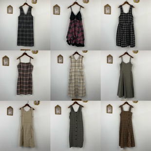vintage古着日制羊毛连衣裙女士背心复古淑女通勤格纹秋冬长裙519