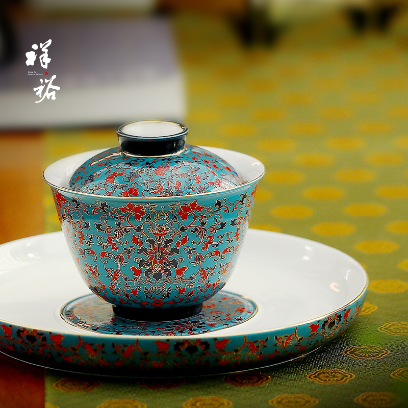 中式高檔琺瑯彩景泰藍三才蓋碗