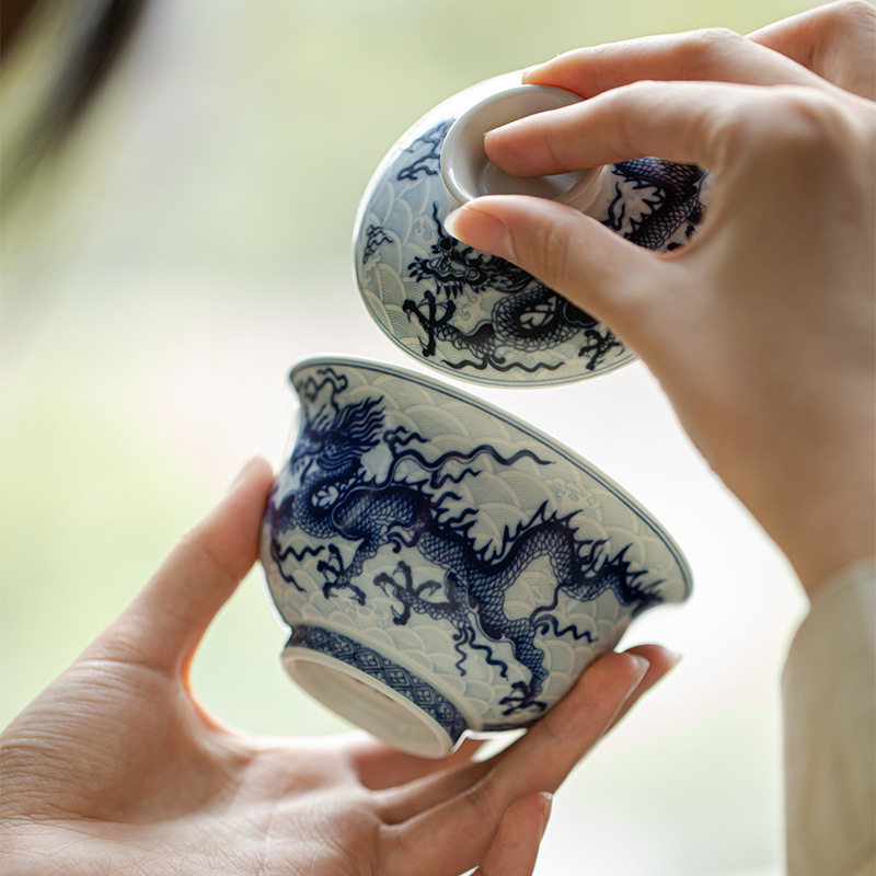 仿古胎青花釉下彩龙纹男士盖碗 功夫茶具泡茶碗大号 茶室家用碗