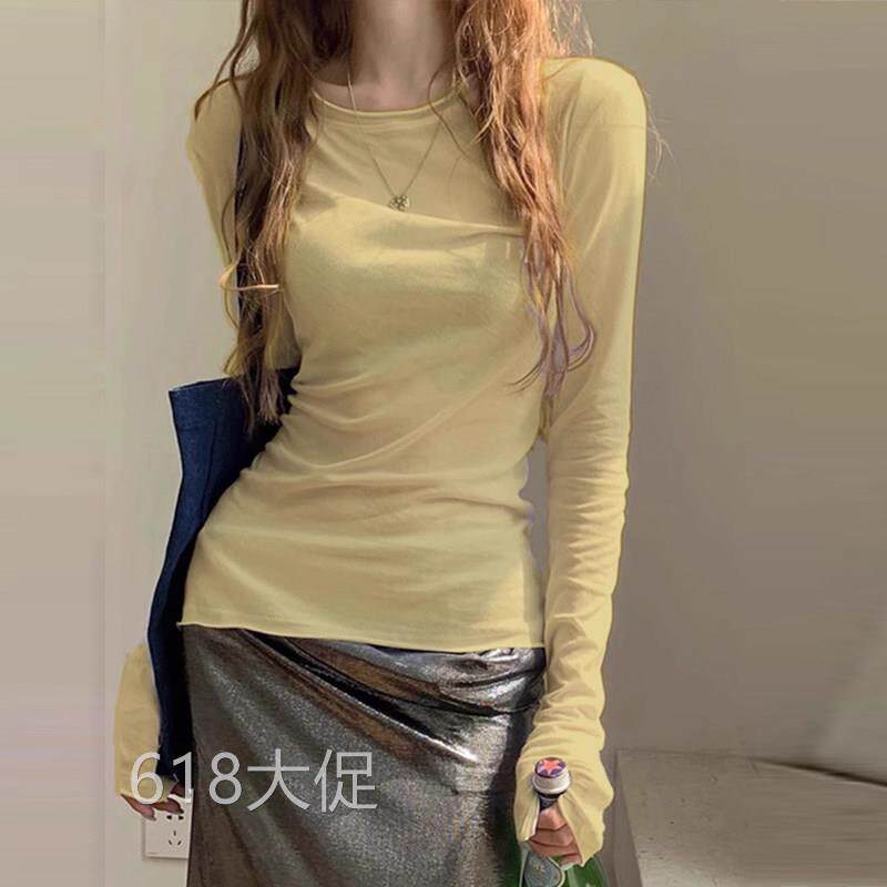 多巴胺黄色轻薄雪花棉t恤女修身防晒罩衫2026夏长袖正肩微透上衣