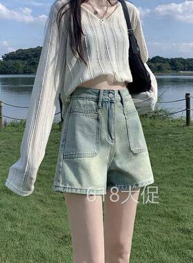 蓝色复古高腰牛仔短裤女2026年夏季新款宽松显瘦薄款a字阔腿热裤