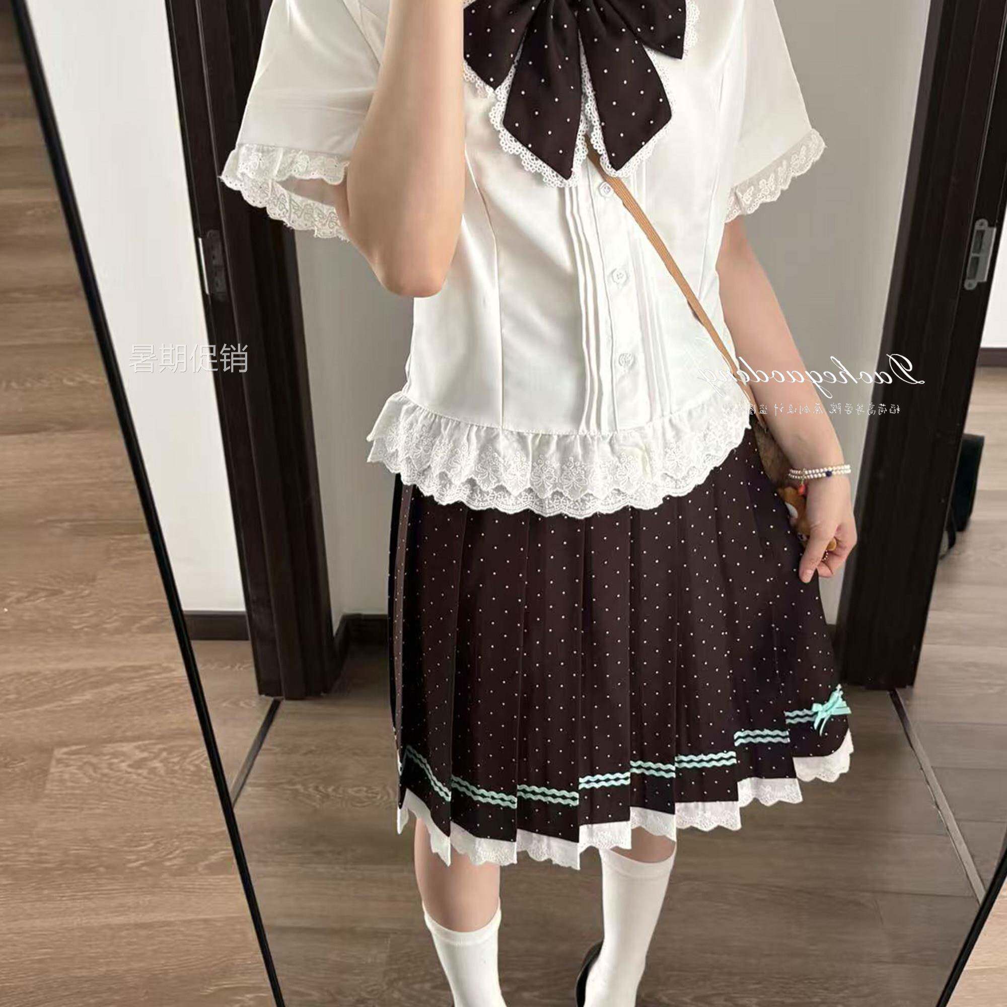 稻荷高等学院日系波点半身裙女蝴蝶结花边中裙套装甜美软妹少女感