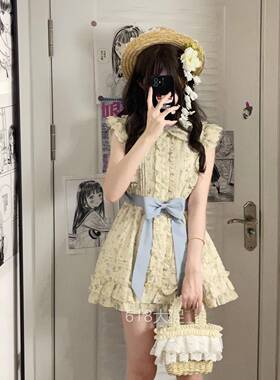 东京岁时记JK蓝色碎花连衣裙女夏小个子系带蝴蝶结公主裙桃之夭夭