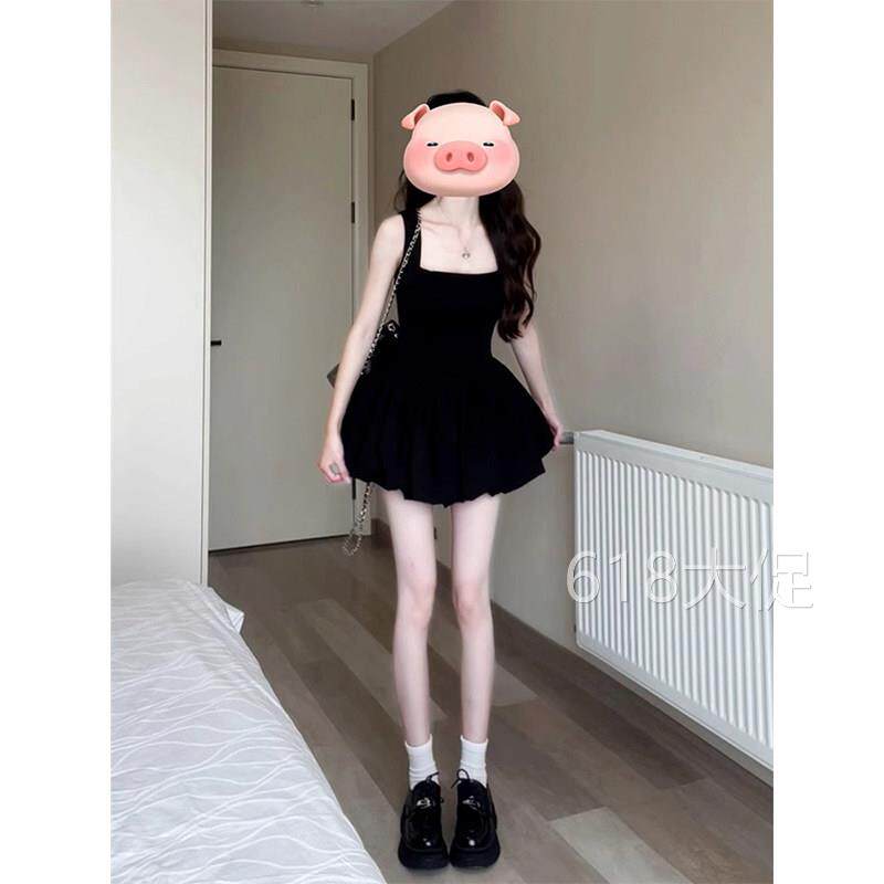 黑色花苞蓬蓬吊带洋装夏季穿搭女夏日绝美小黑裙掐腰收腰短裙子