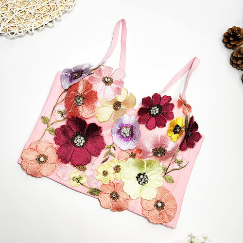 抖快直播网红立体花朵吊带外穿免内衣舞台风辣妹上衣仙气钉珠抹胸