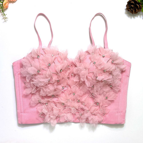 吊带小花朵钉珠鱼骨胸衣带胸垫感外穿性感蹦迪内搭抹胸