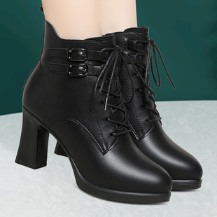 妈妈靴子秋冬女靴真皮系带马丁靴女短靴防水台粗跟短筒靴高跟皮靴