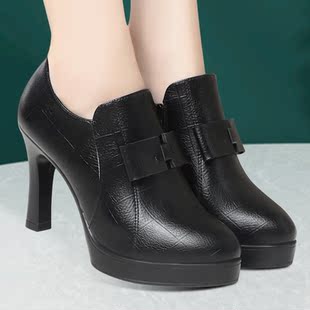 春秋女鞋旗袍走秀模特高跟鞋真皮防水台细跟深口单鞋职业厚底皮鞋