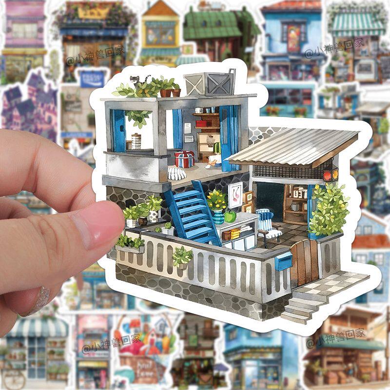 60张创意卡通房屋贴纸网红房子梦幻花房商店手帐素材装饰贴画防水