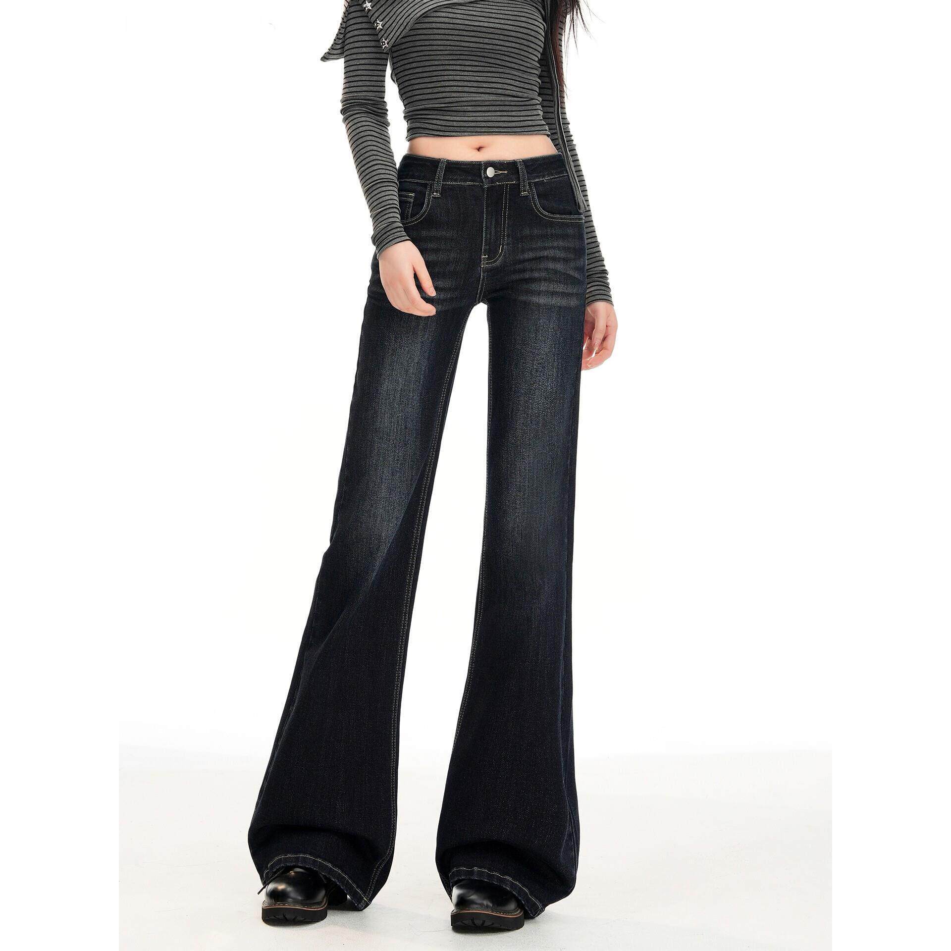 EGG SLY美式复古微喇牛仔裤女春秋新款低腰辣妹不贴腿喇叭裤子