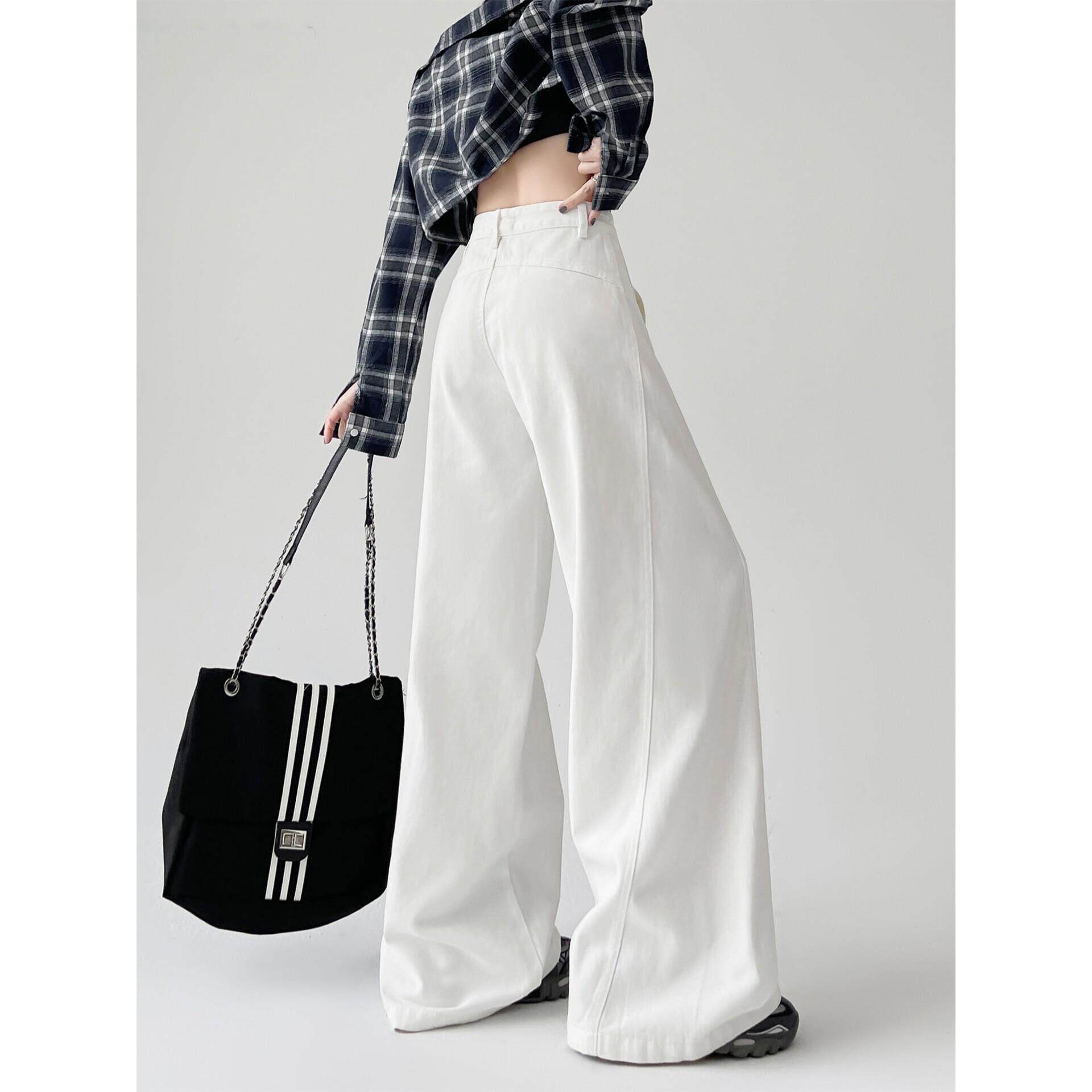 EGG SLY美式白色阔腿牛仔裤女宽松直筒休闲垂感拖地裤子春秋季