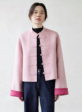 EGG SLY如梦令新中式100%绵羊毛立领一字盘扣双面呢短大衣外套女