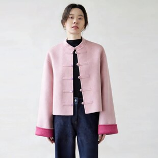 EGG 100%绵羊毛立领一字盘扣双面呢短大衣外套女 SLY如梦令新中式