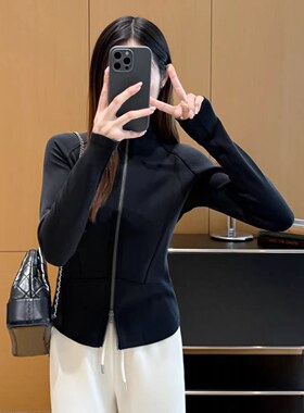 EGG SLY莫代尔宾霸铜氨立领双拉链休闲运动卫衣外套女春