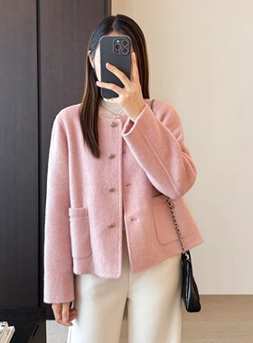 EGG SLY轻奢真丝绵羊毛骆驼绒圆领香风纽扣手缝双面呢短外套女