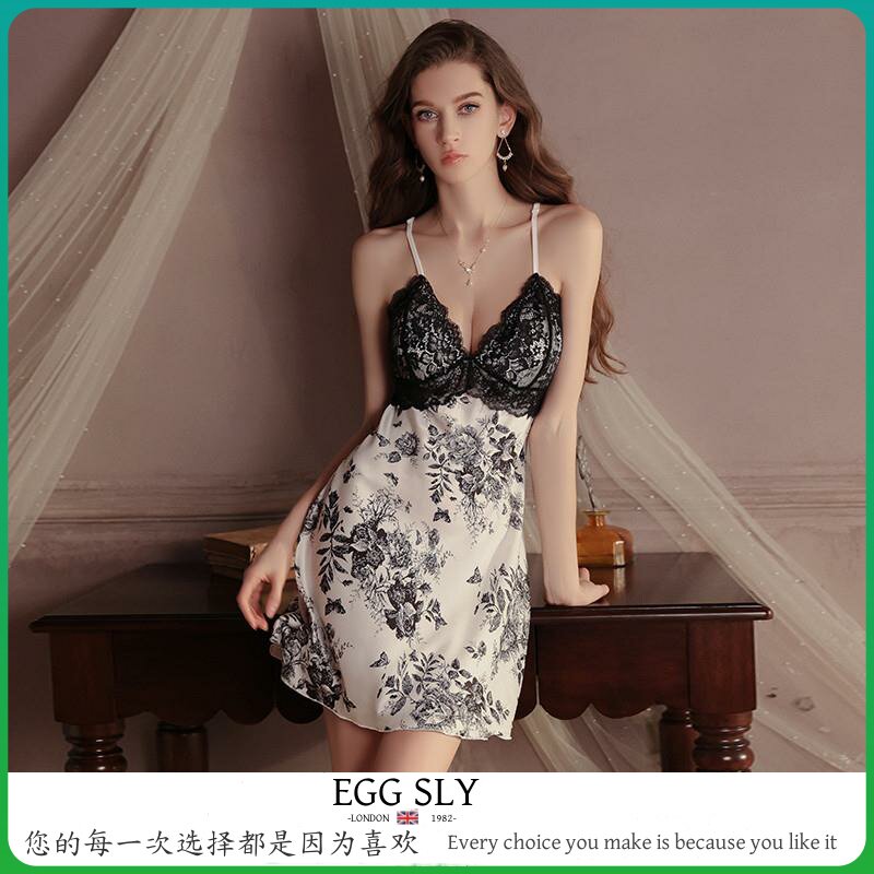 EGG SLY性感睡衣女款春秋纯欲风带胸垫小胸冰丝蕾丝吊带睡裙