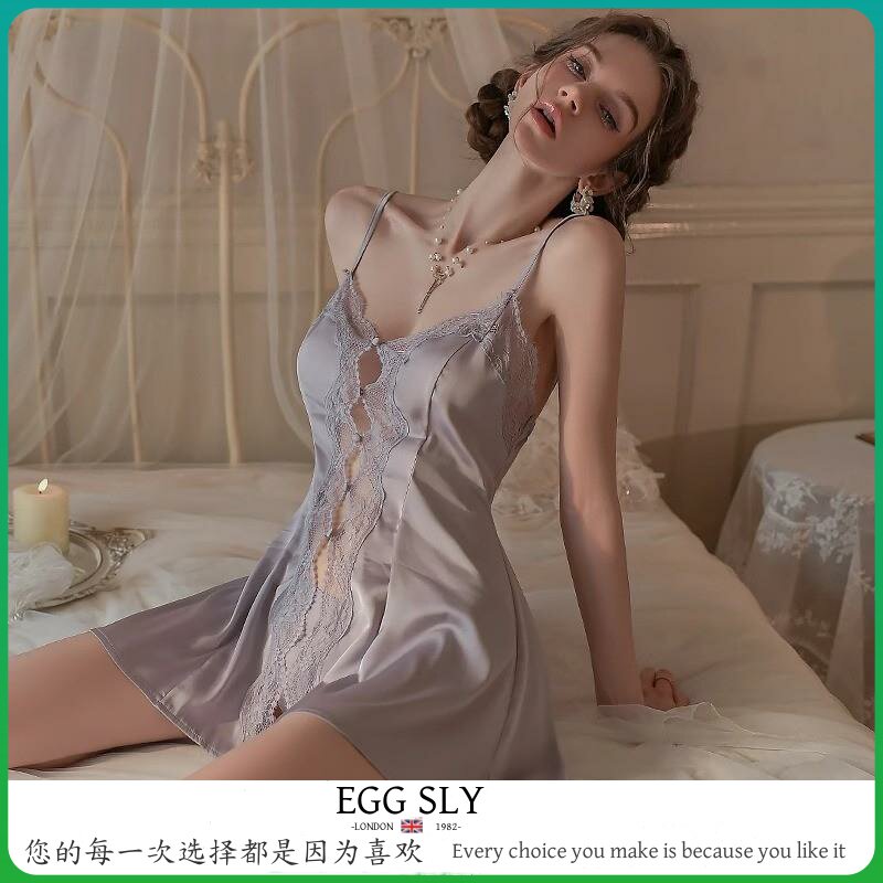 EGG SLY性感睡衣女款夏冰丝高级感禁欲系纯欲风蕾丝开衩吊带睡裙