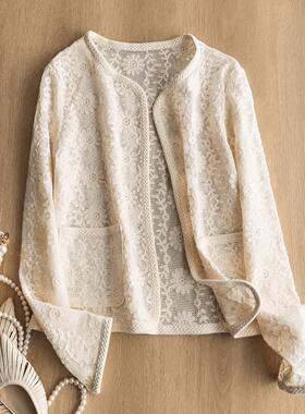 EGG SLY浪漫风100%棉花卉绣花直筒短款镂空针织开衫外套女