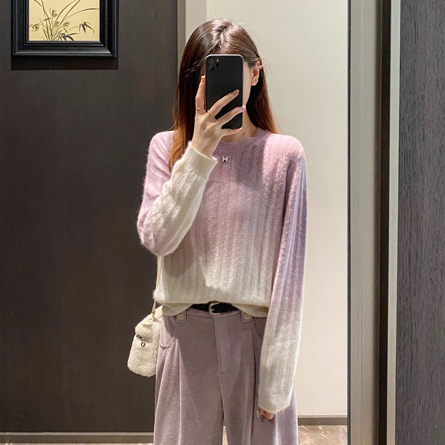 EGG SLY紫色絮语 100%羊毛圆领吊染工艺渐变针织套头/开衫毛衣女