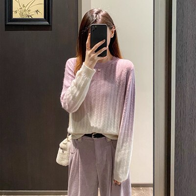 EGG SLY紫色絮语 100%羊毛圆领吊染工艺渐变针织套头/开衫毛衣女
