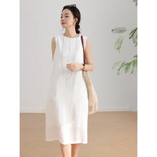连衣裙女夏 韩系棉麻过膝长裙圆领套头A字无袖 EGG SLY海边度假风