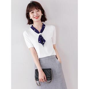 冰丝针织短袖 EGG SLY气质OL女神 优雅减龄波点飘带领 上衣女夏季