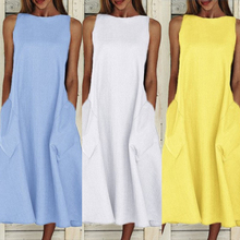 O Neck Pockets Large Hem Casual Long Loose Dress Yellow