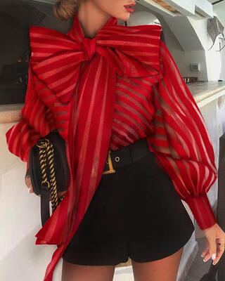 灯笼袖条纹上衣女士正式派对衬衫