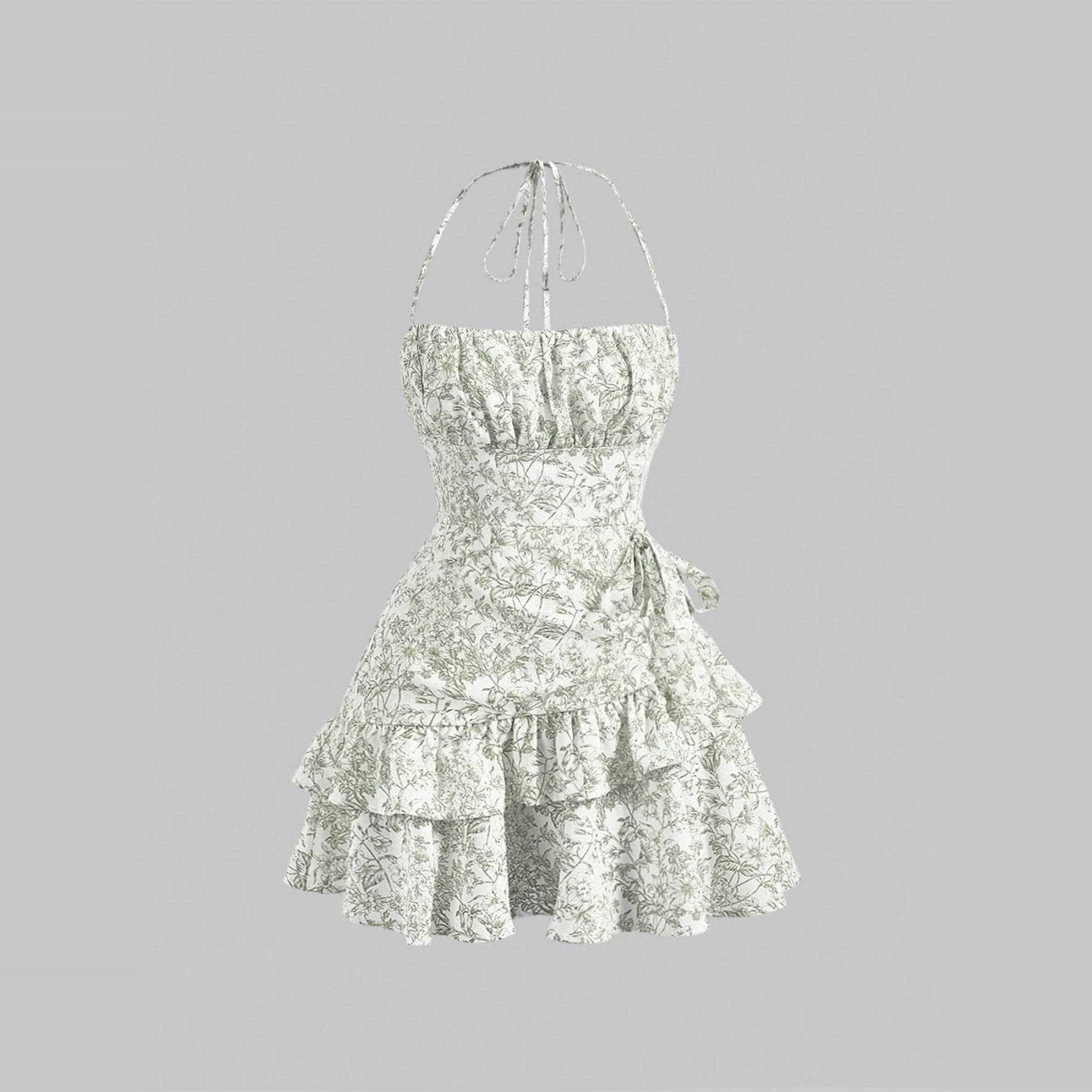 Hanging neck tie floral ruffle edge dress 挂脖系带碎花连衣裙