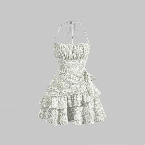 Hanging neck tie floral ruffle edge dress 挂脖系带碎花连衣裙