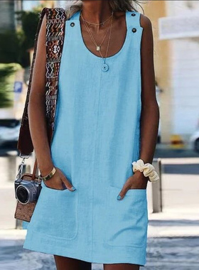 Pocket Button Cotton Linen Strap Dress 8 Colors 8 Yards裙子