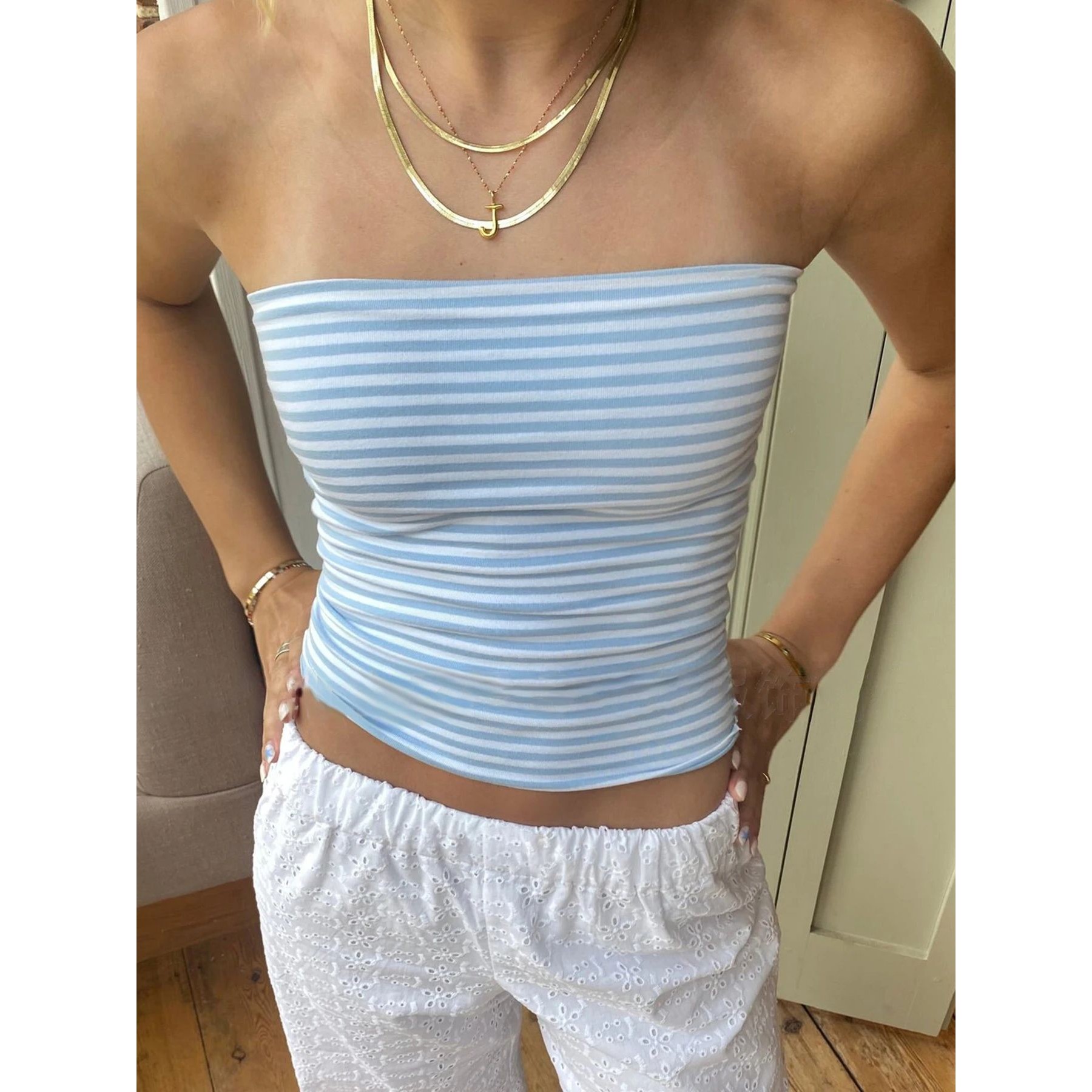 Hollow out Shoulderless Top for Women 女士一字领镂空无肩上衣