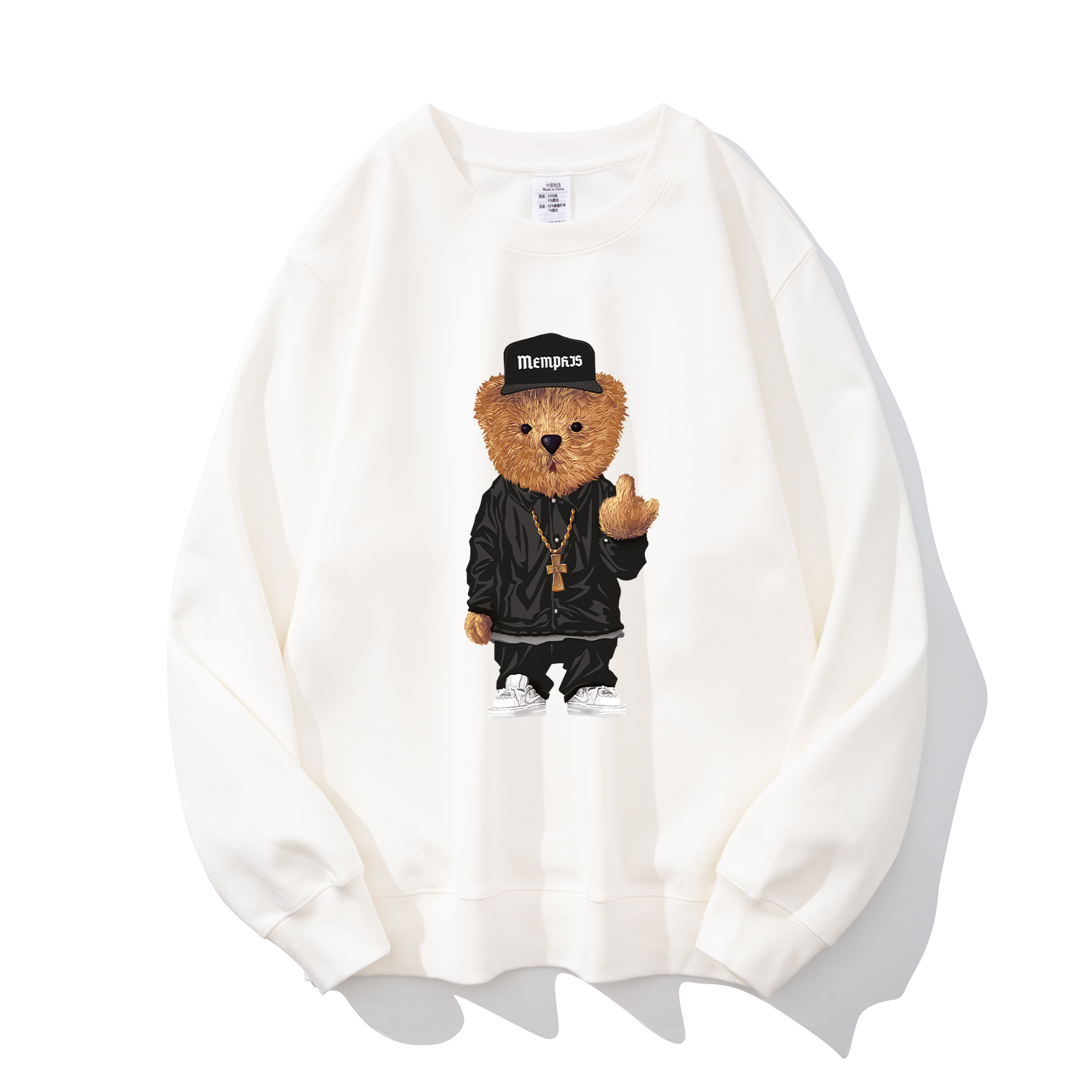 青少年学生个性圆领卫衣卡通小熊印花宽松休闲高街上衣男女套头衫