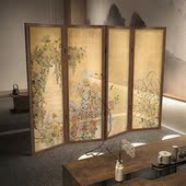 春秋花草 复古屏风隔断客厅玄关茶室背景墙实木国潮风折屏 新中式