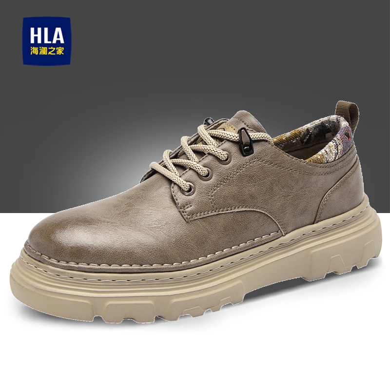 海澜之家鞋子男鞋春秋季新款真皮低帮厚底马丁靴户外耐磨工装鞋男