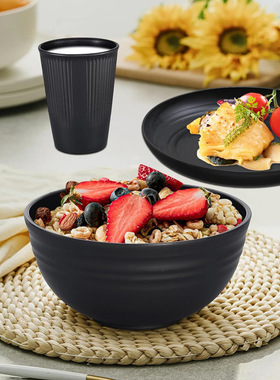 食堂黑色餐盘碟子水杯跨境亚马逊小麦秸秆盘汤碗水杯露营套装组合