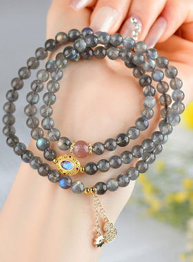 跨境天然灰月光石三圈手链拉长石清新女款原创时尚手串送女友